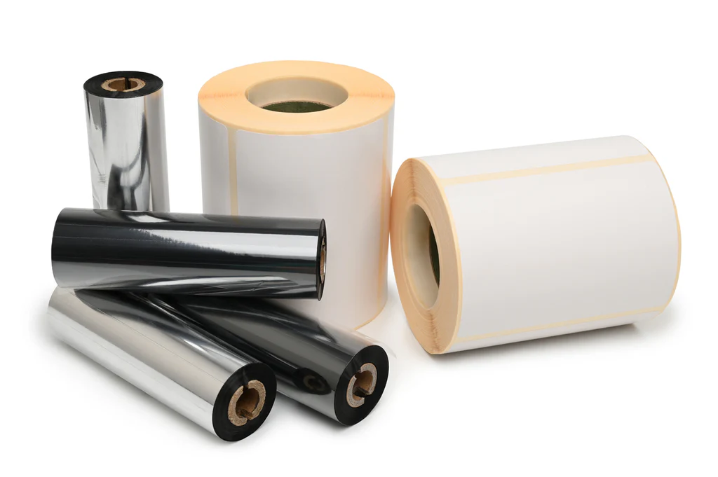Hình ảnh minh họa các cuộn giấy và cuộn mực (ribbon) thường dùng trong in mã vạch