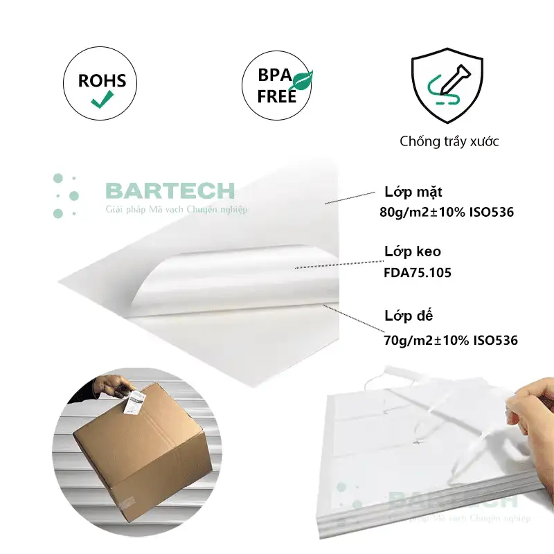 Cấu tạo chi tiết của giấy in mã vạch khổ nhỏ gồm các lớp bề mặt, keo, chống dính và đế