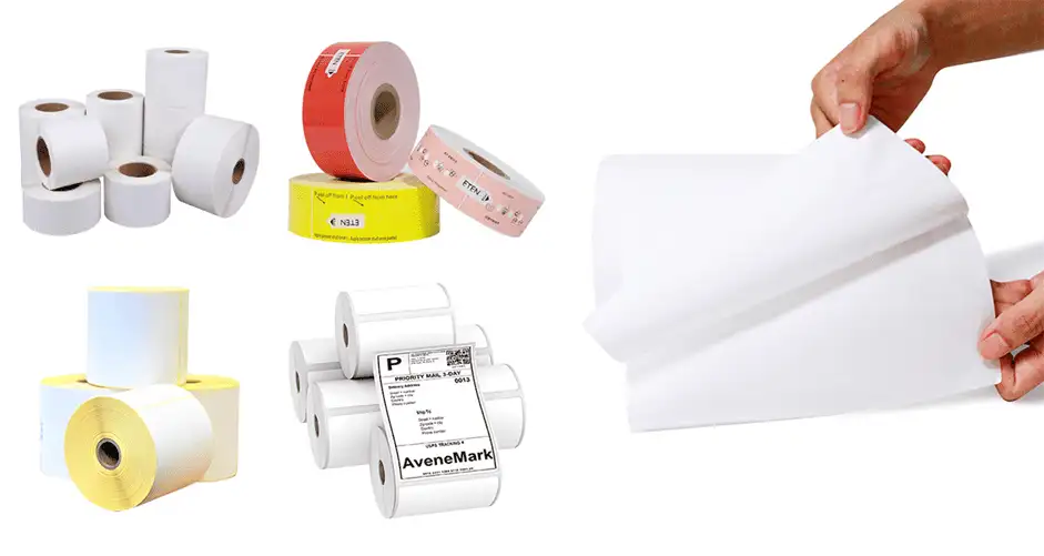Hình ảnh minh họa các loại bề mặt giấy in mã vạch dạng cuộn phổ biến như Vellum, Semi-gloss, Thermal Direct