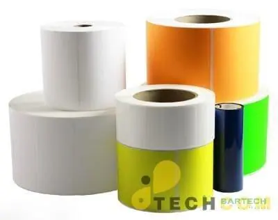 Hai cuộn giấy in tem nhãn mã vạch, một cuộn cho máy in truyền nhiệt dùng ruy băng và một cuộn giấy nhiệt trực tiếp