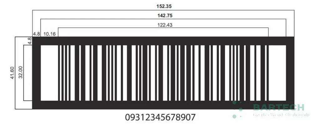 Bảng thông số kỹ thuật chi tiết của mã vạch ITF-14 theo độ phóng đại tính bằng milimét