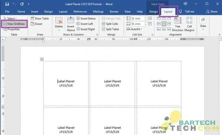 Hiển thị lưới bảng của các Labels