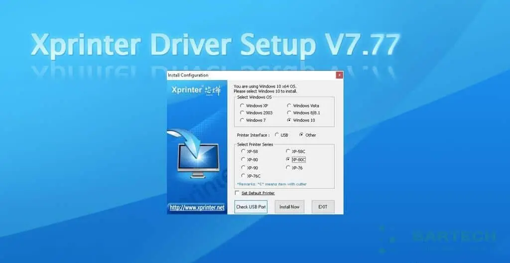 Giao diện cài driver máy in Xprinter . Cần chọn model máy và kiểm tra cổng USB máy in bill
