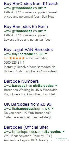 Kết quả tìm kiếm Google cho thấy các đại lý bán lại mã vạch EAN tại Anh.