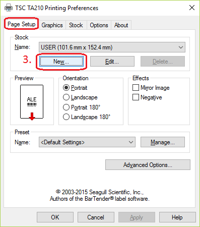 Cửa sổ Tùy chọn in của máy in mã vạch TSC hiển thị các tab cài đặt