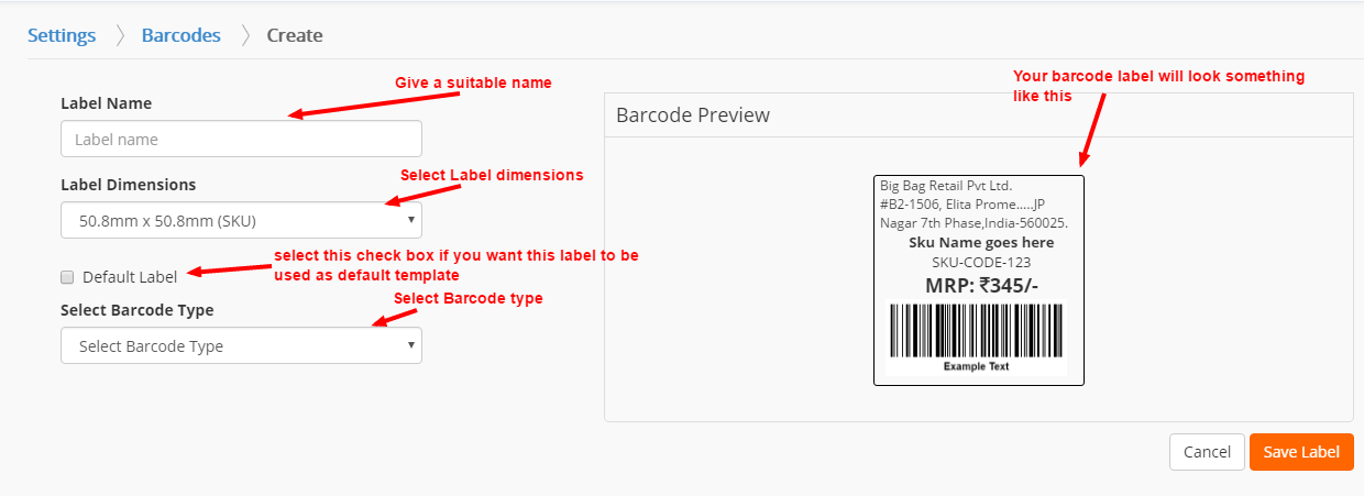 Nhập thông số kích thước chiều rộng và chiều cao của nhãn mã vạch
