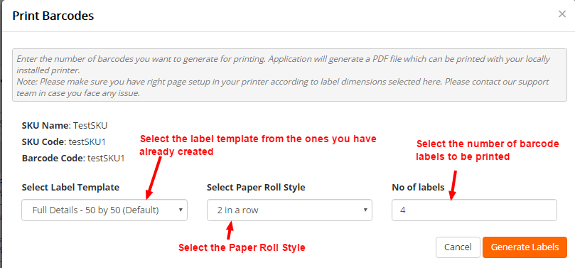 Chọn SKU sản phẩm để tiến hành in tem mã vạch từ phần mềm quản lý