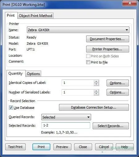 Hộp thoại in trong Bartender cho phép chọn bản ghi từ Excel để in tem nhãn.
