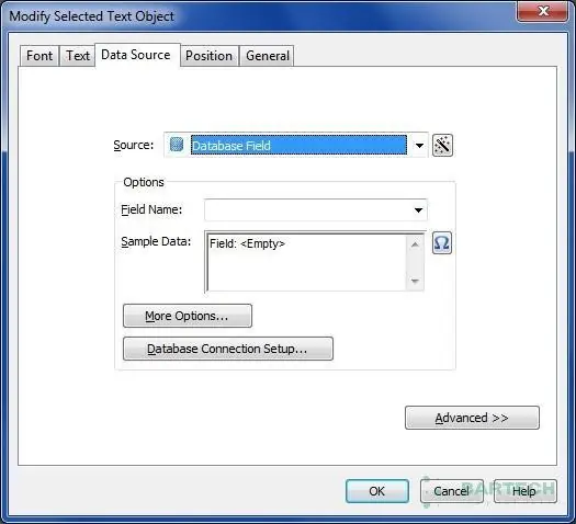 Thay đổi Nguồn dữ liệu thành Trường cơ sở dữ liệu trong Bartender để kết nối Excel.