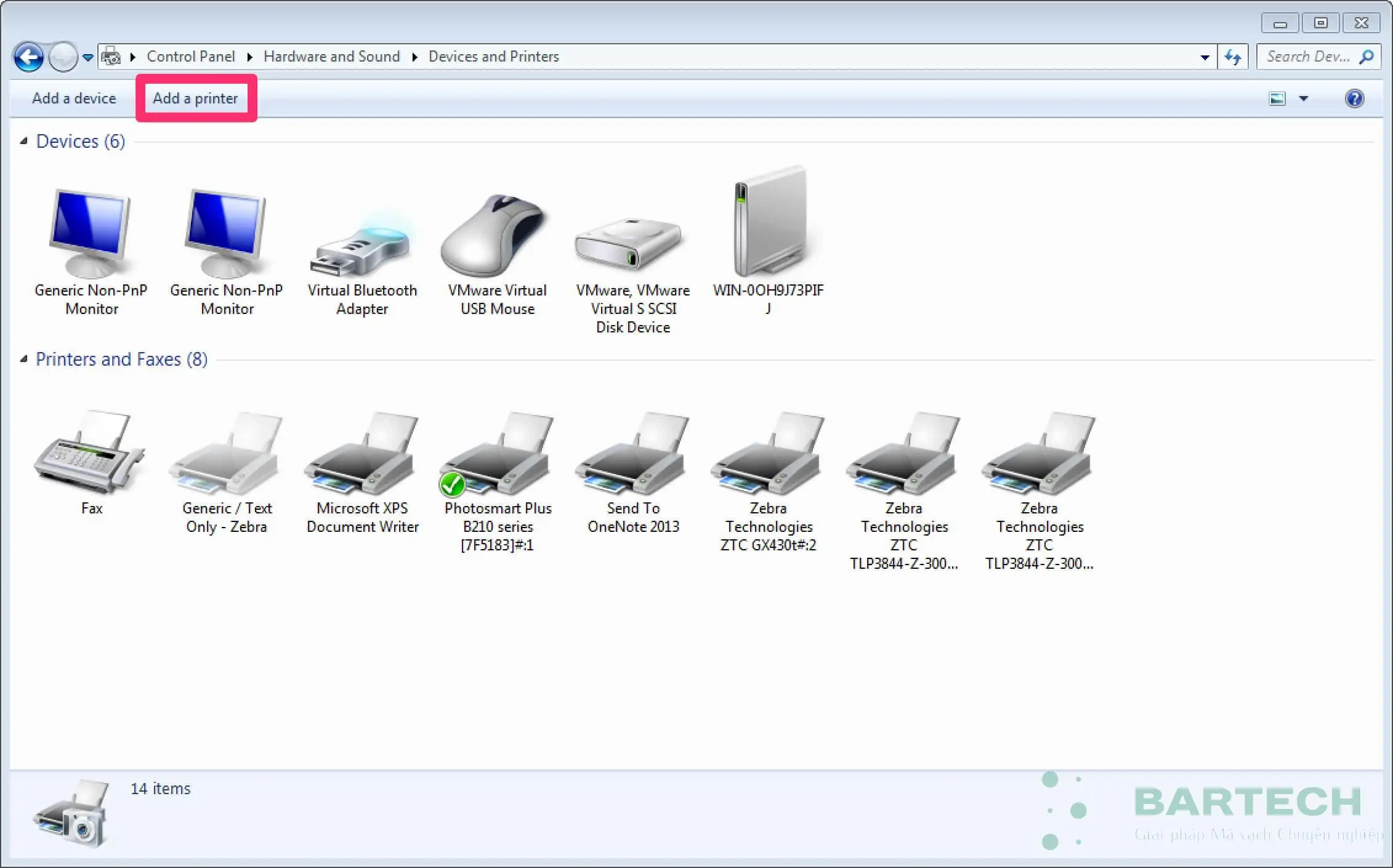 Nhấn nút Add a printer để bắt đầu quá trình cài đặt máy in Zebra GX430t