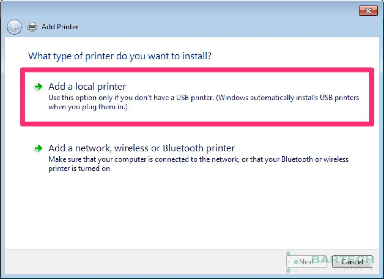Chọn Add a local printer để cài đặt máy in Zebra GX430t qua cổng USB