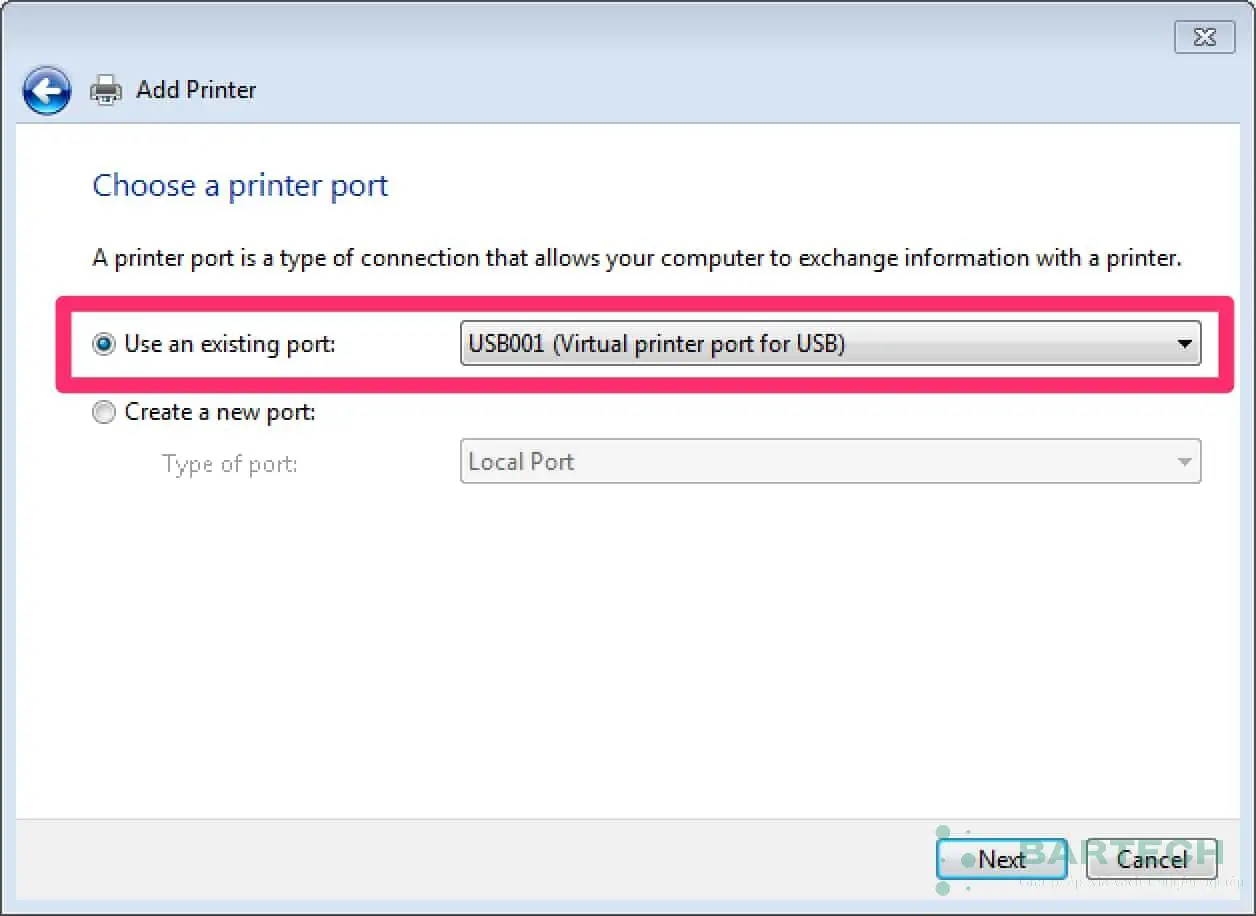 Chọn cổng USB ảo cho máy in Zebra GX430t, thường là USB001 hoặc số cao nhất