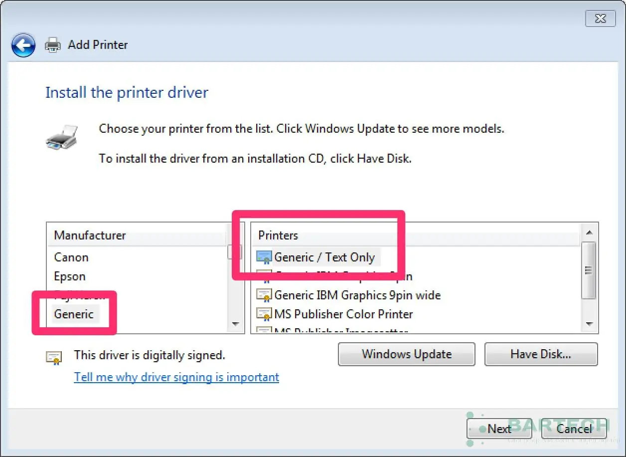 Chọn Generic và Generic / Text Only cho trình điều khiển máy in Zebra GX430t