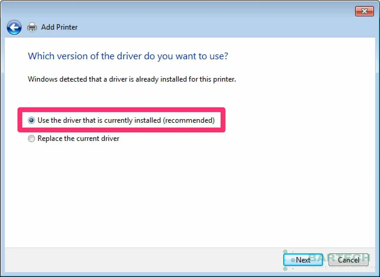 Chọn sử dụng trình điều khiển máy in Zebra GX430t đã được cài đặt